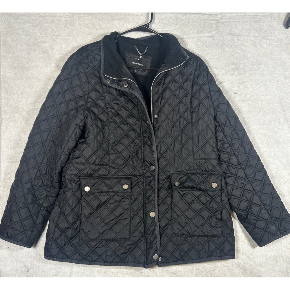 Lucky Brand Quilted Puffer Jacket Black Full Zip Collar‎ Snap Pockets Size XL